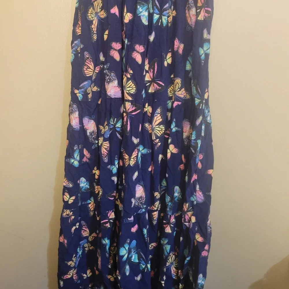 Justice Butterfly Maxi Dress Girls L 12/14 Navy Blue Excellent Tiered Smocked